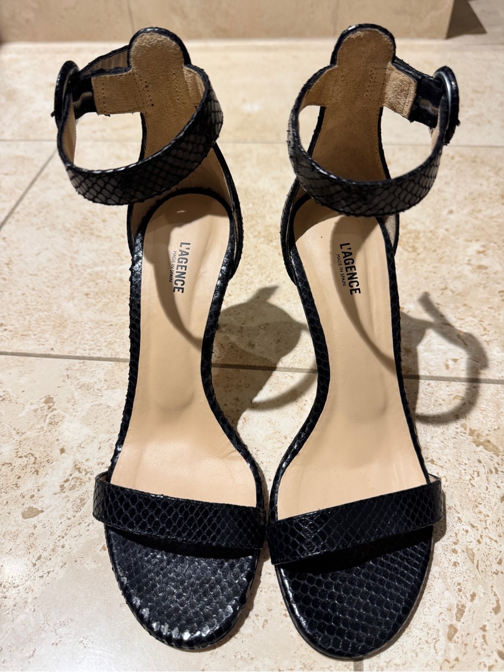 L'AGENCE Gisele II Black Snake-Embossed Ankle-Strap Sandals
